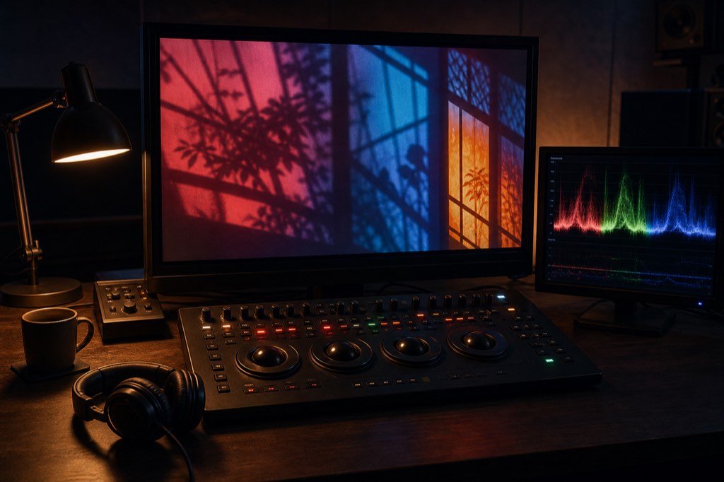 后期岗工作物件：调色监看屏、波形显示、控制台、耳机